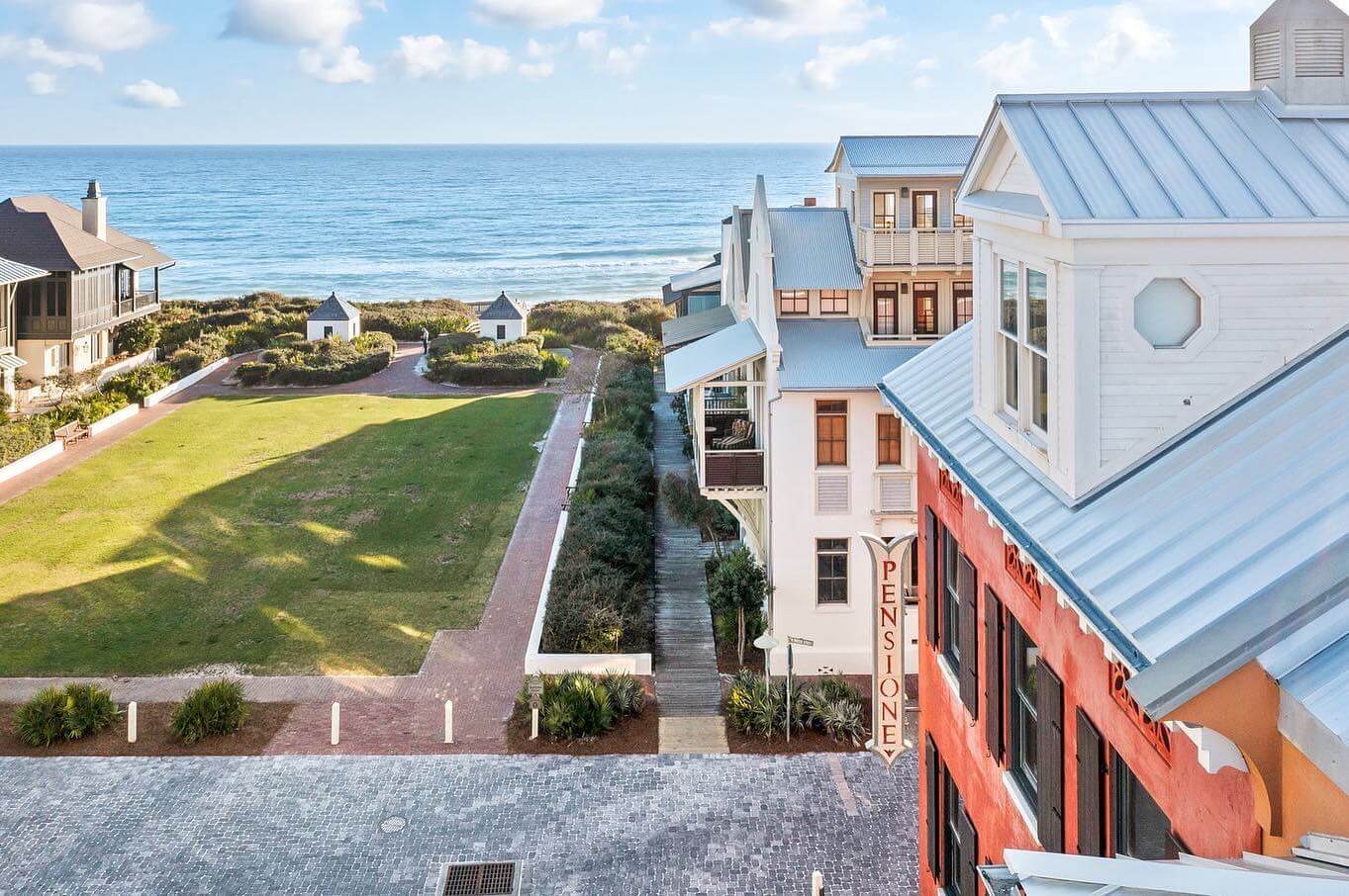 A view of the ocean from the top of a building.