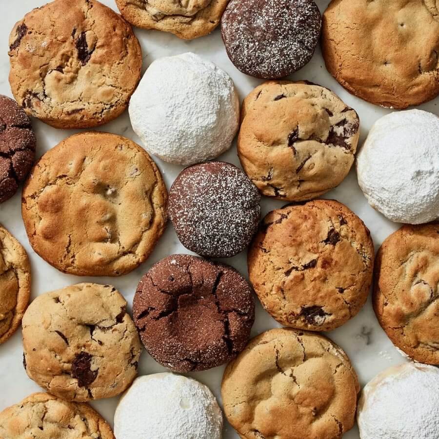 Assorted cookies, featuring chocolate chip and powdered sugar-coated varieties, arranged in a grid pattern on a marble surface. These delightful treats are just a sample of what leading cookie companies that ship can offer right to your doorstep.