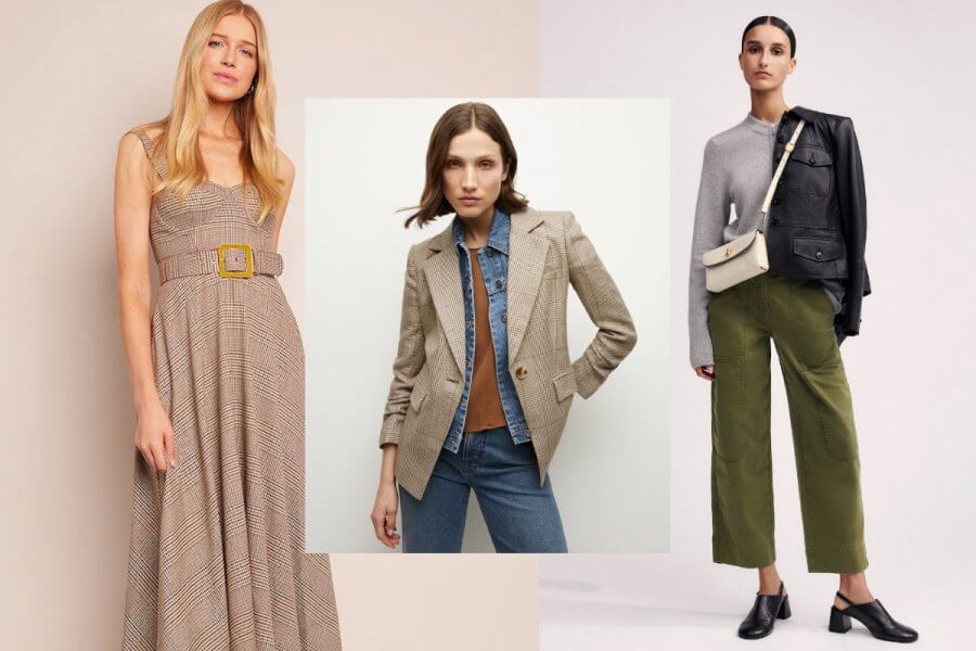 Three models showcasing Essential Trends for Fall Fashion 2024: a long dress with a belt, a blazer over a white shirt and jeans, and a grey sweater with green pants and a black jacket. Classic + Refined styles perfect for the season.