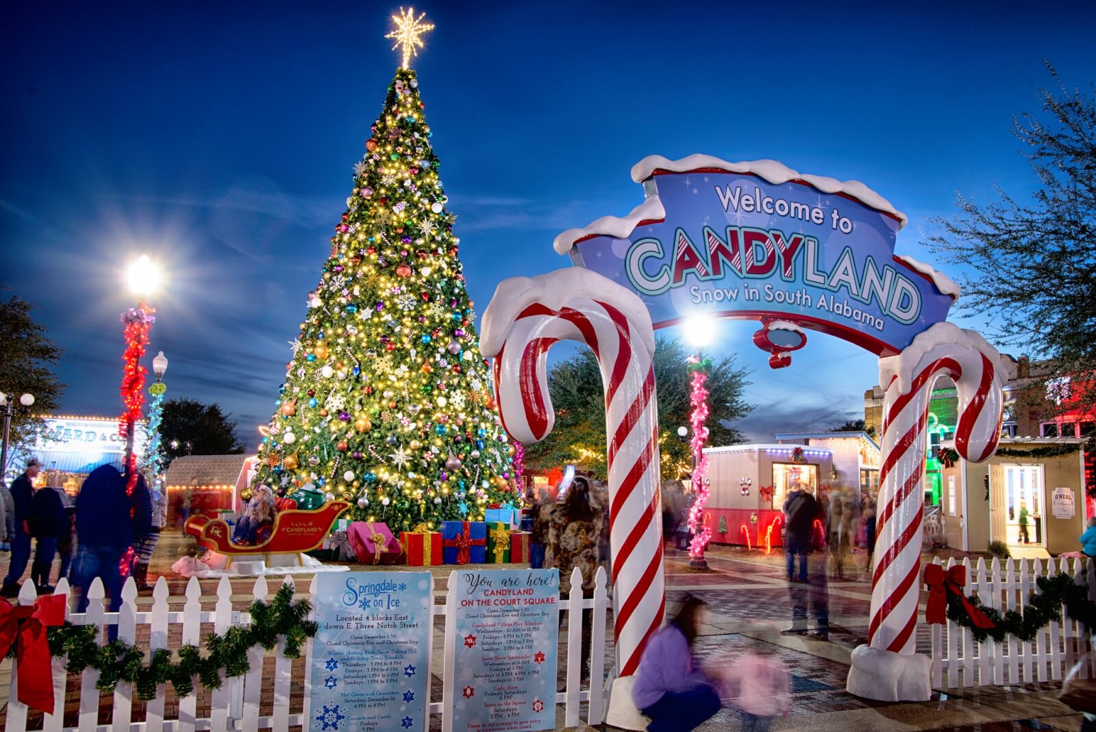 The festive entrance to "Candyland" in Alabama boasts a large Christmas tree, candy cane pillars, and a charming fence. Renowned as one of the best holiday destinations, it invites people to stroll nearby as twinkling lights decorate the area with seasonal cheer.