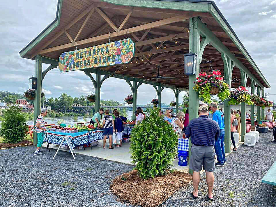 People gather at an outdoor farmers market in one of the charming towns in Alabama. They meet under a green pavilion adorned with hanging plants, tables covered with checkered cloths, and a colorful sign overhead.