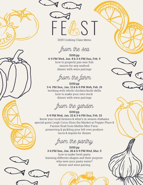 Discover our illustrated cooking class menu, perfect for Birmingham gift experiences. Dive into seafood, farm produce, gardening, and baking themes. Dates and prices accompany charming drawings of fish, lemons, pumpkins, oranges, and garlic—ideal for those seeking unique culinary adventures.