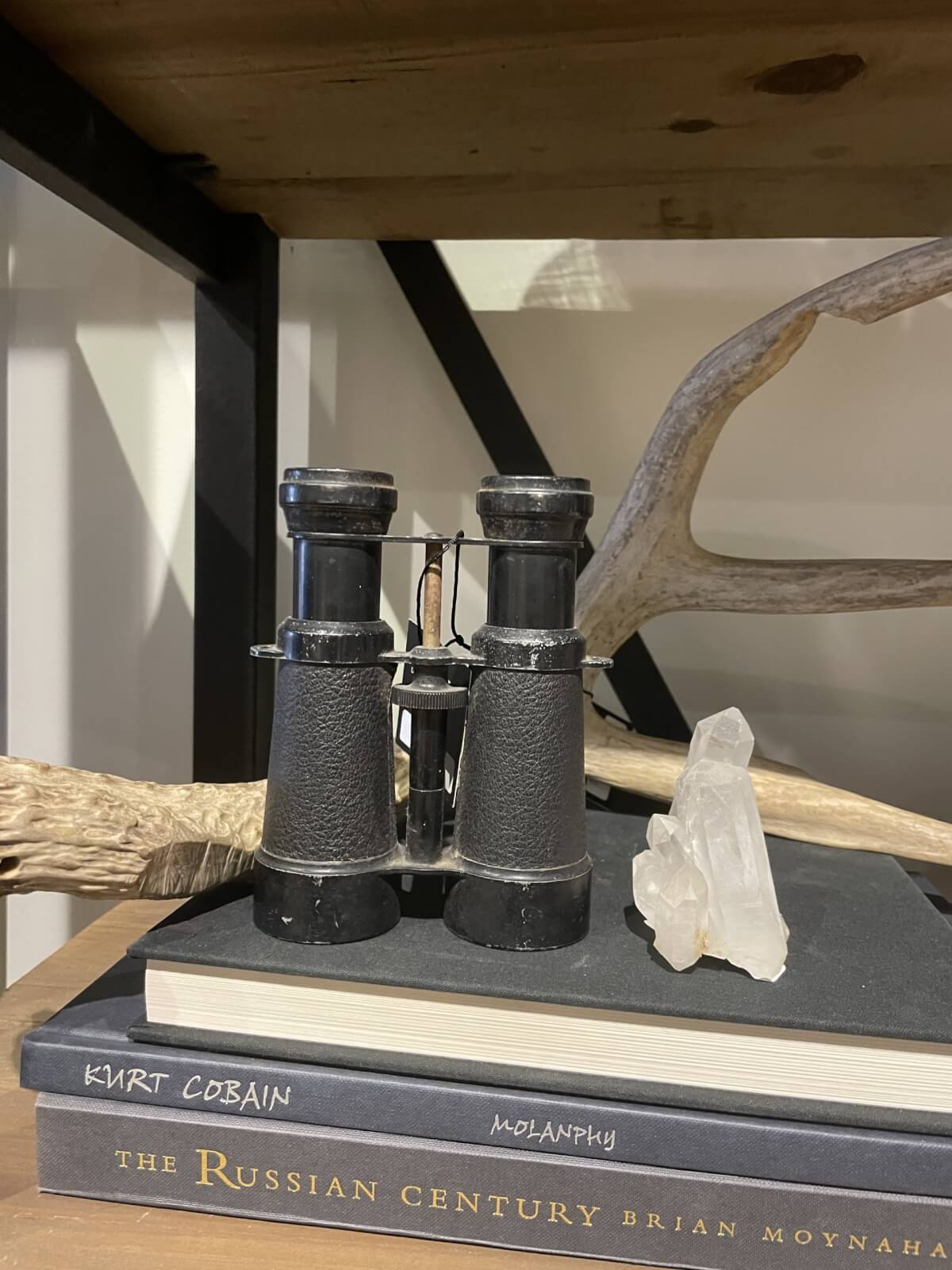 Binoculars rest on a shelf alongside antlers, a crystal, and books titled "Kurt Cobain: Montgomery" and "The Russian Century: Brian Moynahan." 