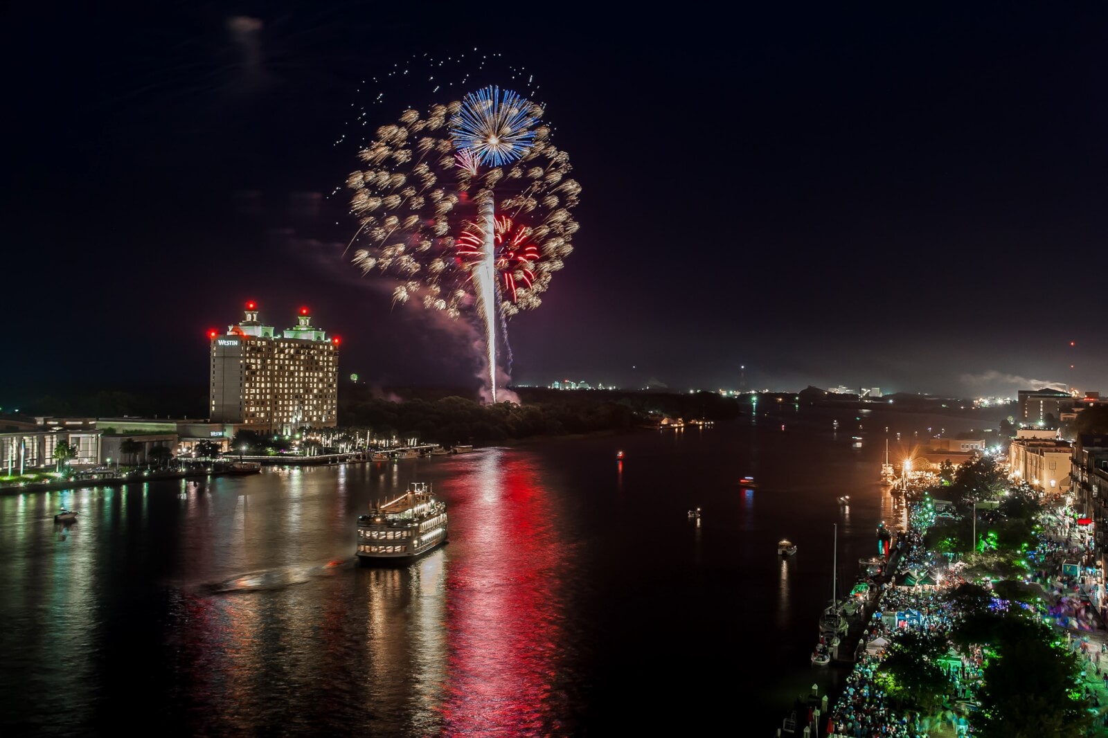 Fireworks going off at night in Savannah, GA