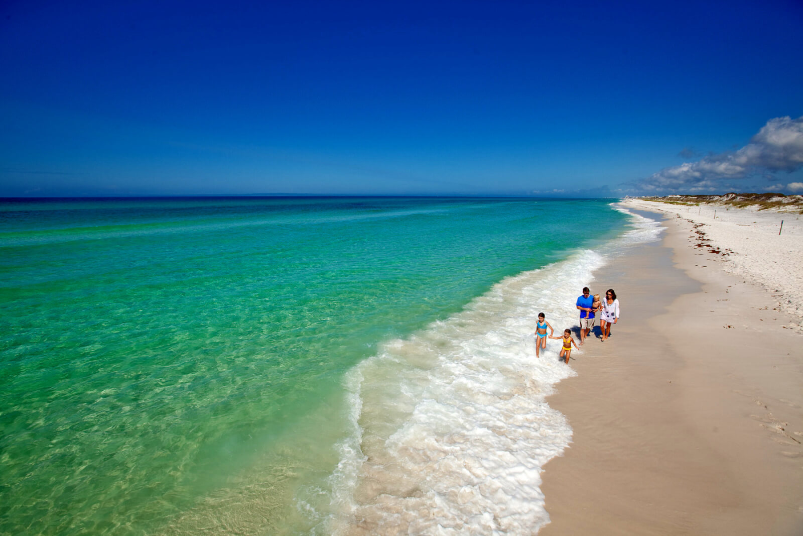 Family walking along a beach shoreline