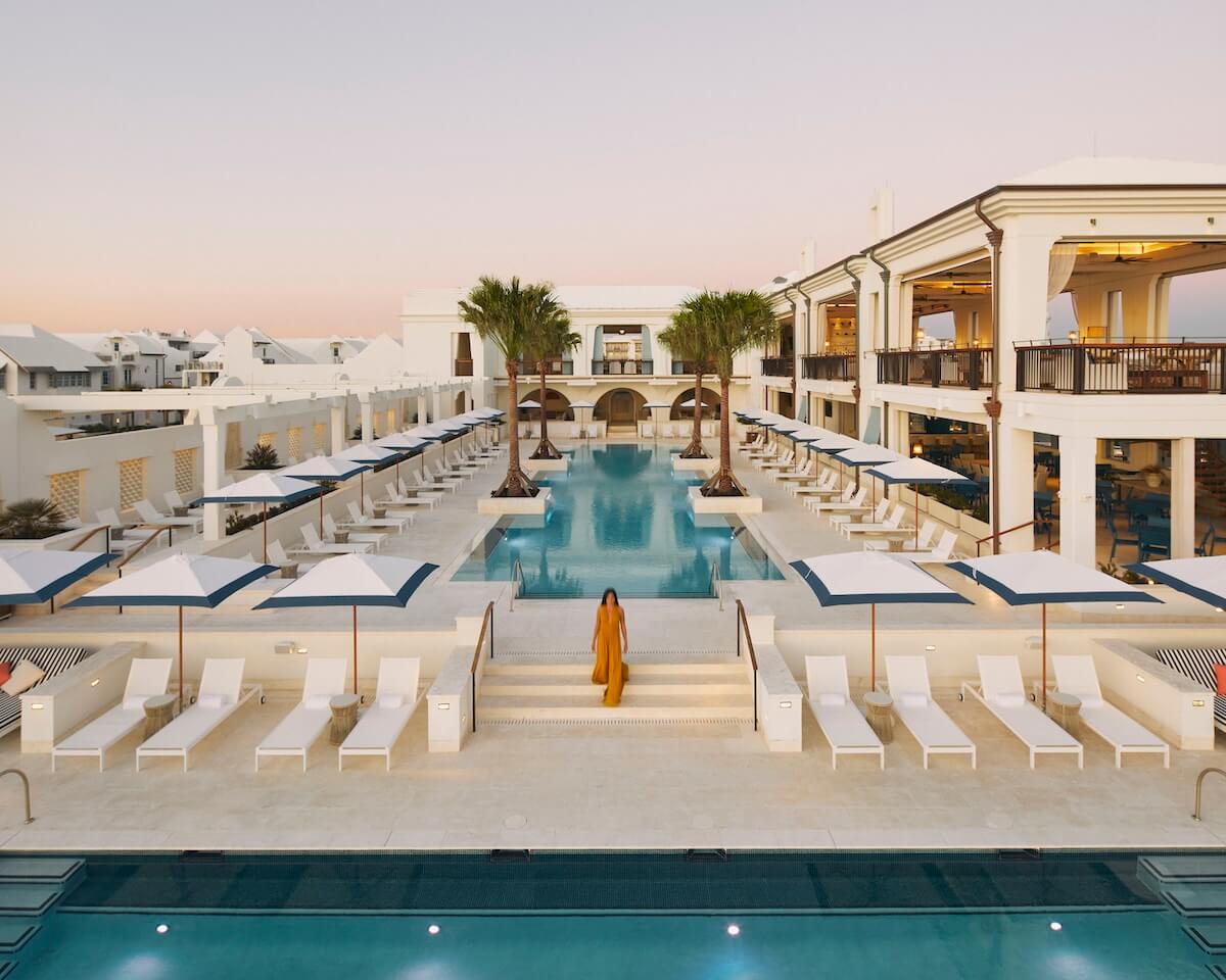 Aerial view of pool area in Alys Beach, FL.