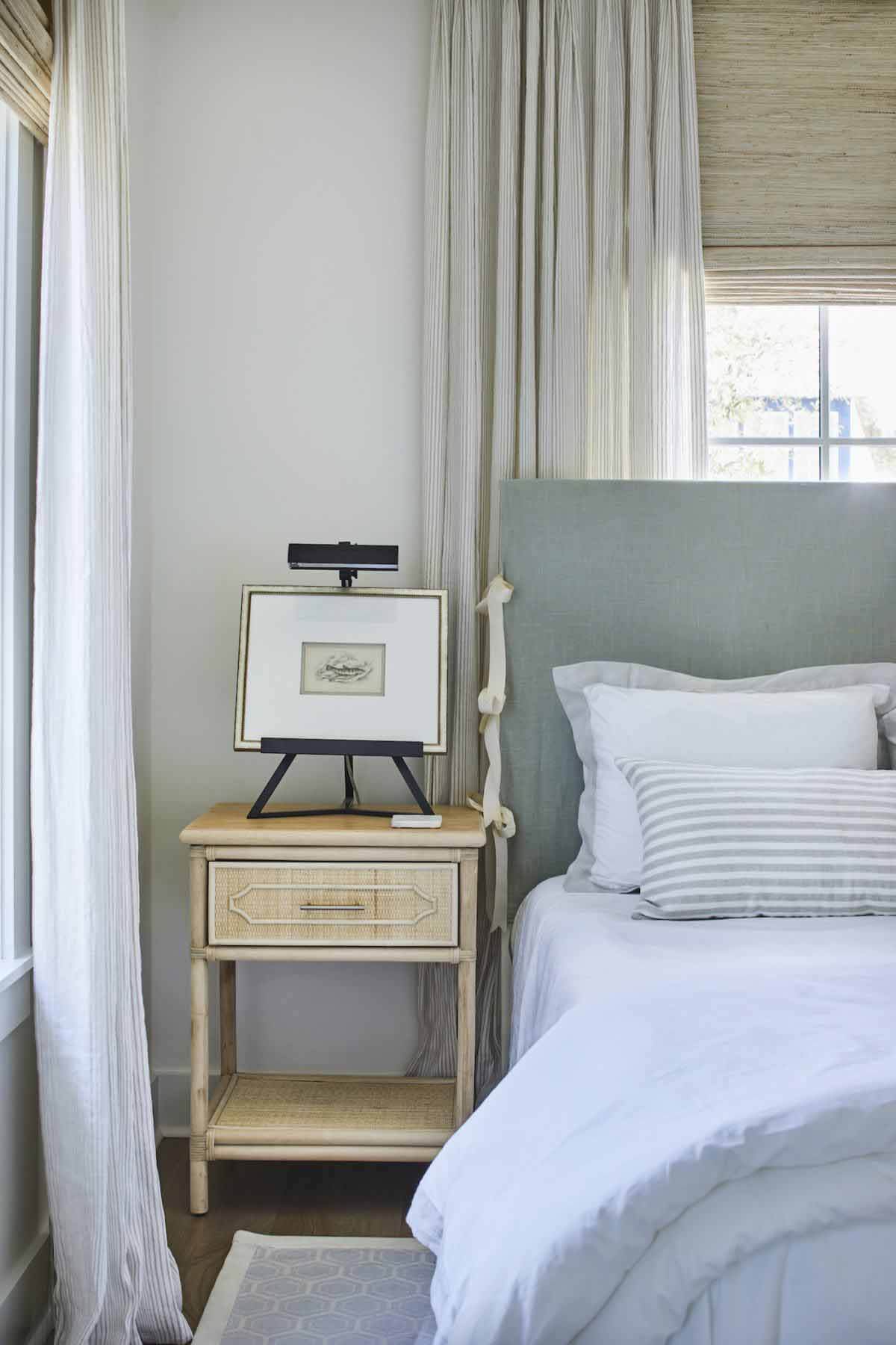 Beach bedroom with tie-on cover headboard