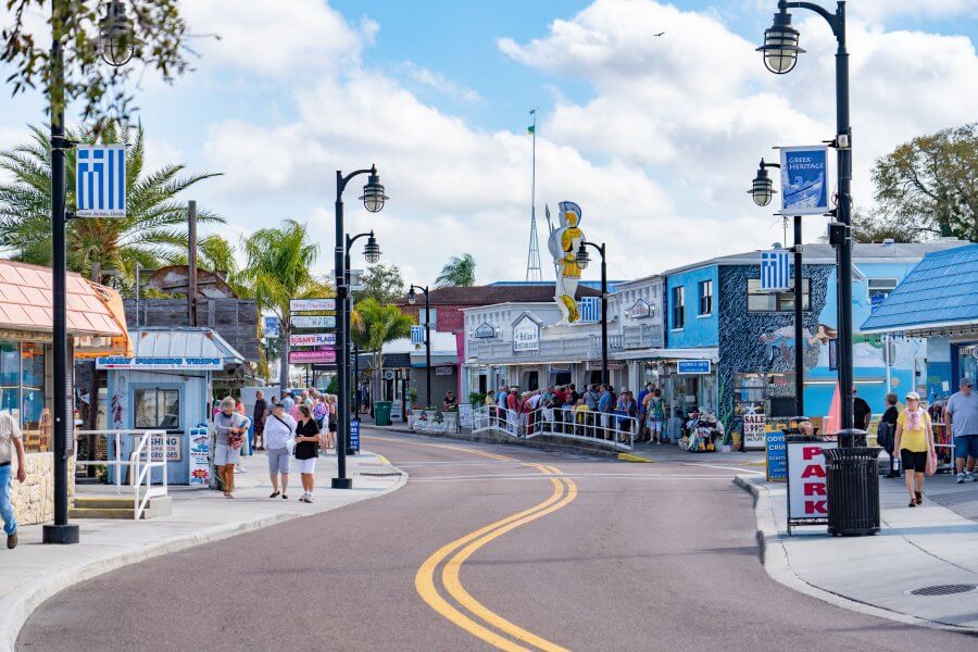 People walking around downtown Tarpon Springs FL