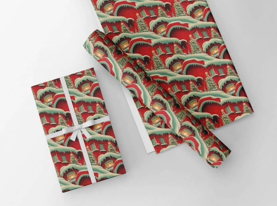 This cheerful wrapping paper, with its festive house and snow patterns, captures the essence of the holidays. Perfectly wrapping a rectangular gift tied with a white ribbon, it brings a touch of joy to any present.