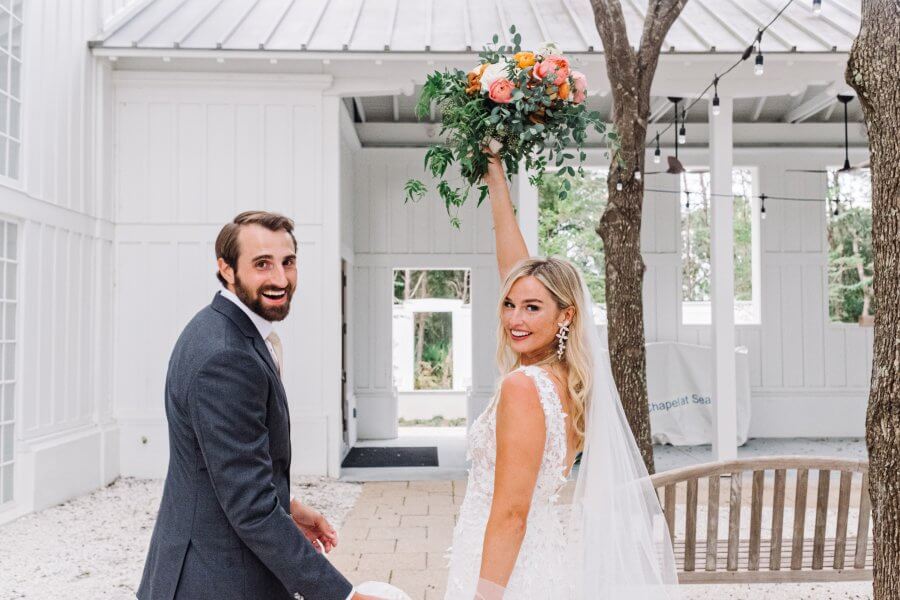 30A Wedding Bride and Groom Outside Chapel