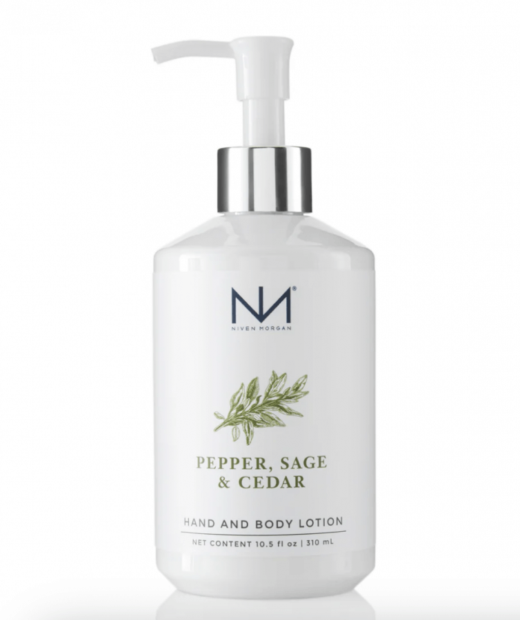 A bottle of hand and body lotion labeled "Pepper, Sage & Cedar," featuring a convenient pump dispenser and branded logo. 