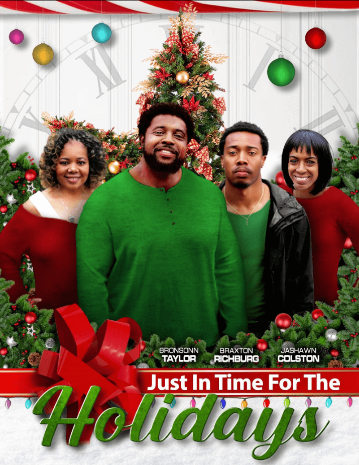 Four people posing in front of holiday decorations, with Christmas trees and ornaments, evoke the charm of holiday movies. A festive banner reads "Just In Time For The Holidays." 