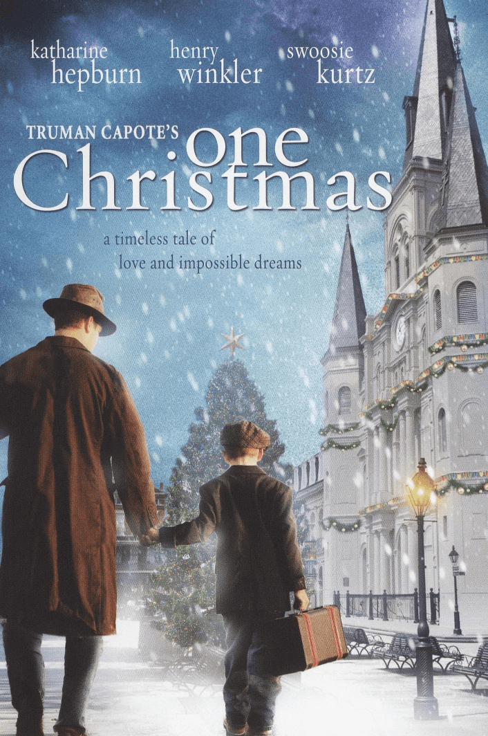 The film poster for "One Christmas" captures the magic of holiday movies, featuring a man and child hand in hand as they walk toward a beautifully decorated Christmas tree. In the background, snow falls gently around a historic Alabama building, setting the perfect festive scene.