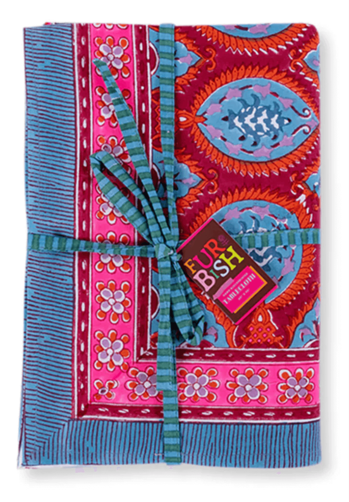 A vibrant patterned fabric bundle, tied with a striped ribbon and featuring a Furbish label