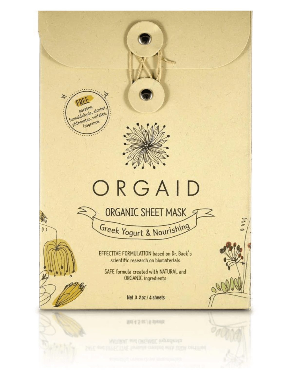 Discover the Orgaid Organic Sheet Mask in Greek Yogurt & Nourishing. Adorned with natural illustrations and detailed product info.