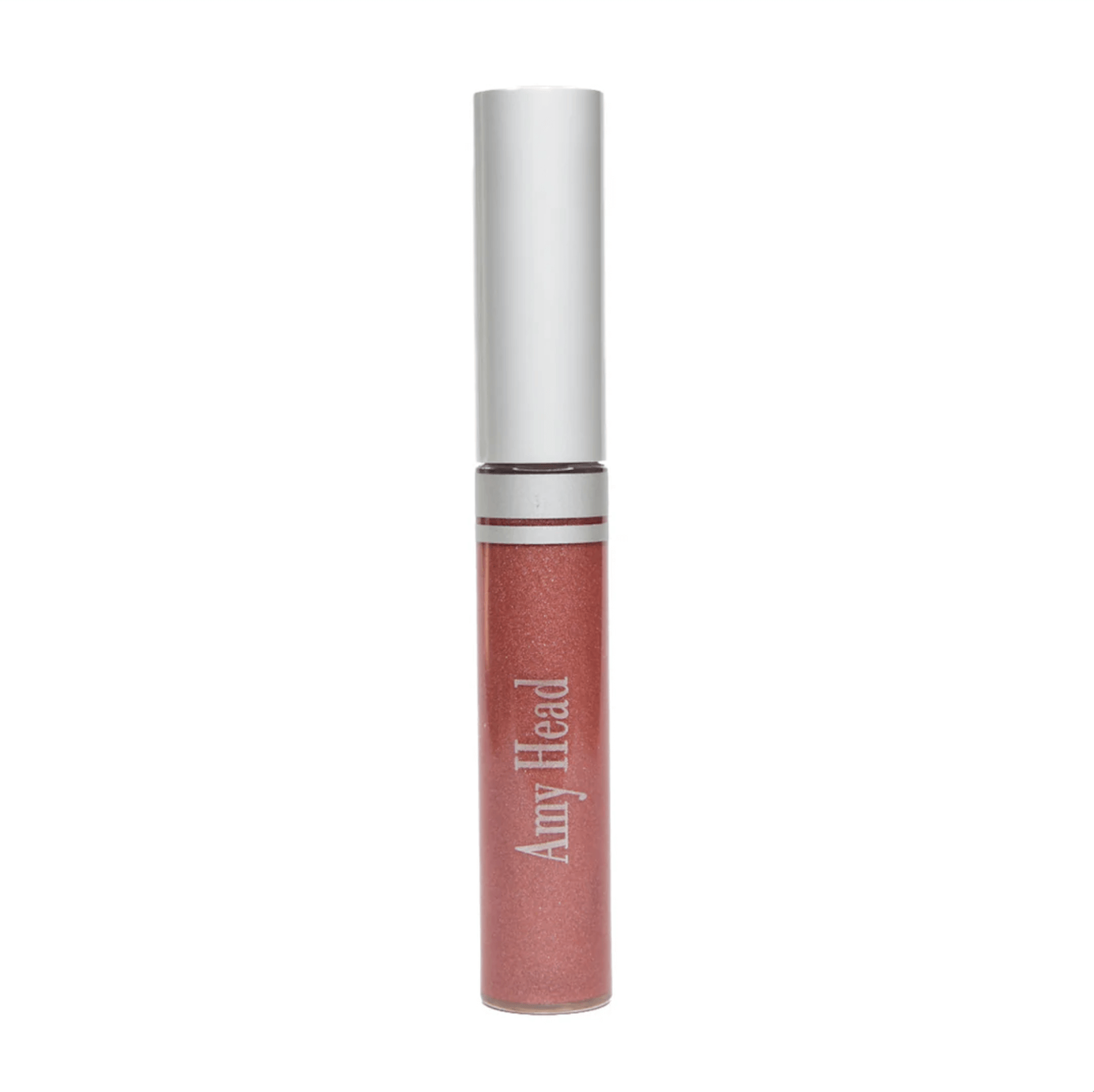 A tube of Amy Head lip gloss featuring a metallic pink shade with a white cap.