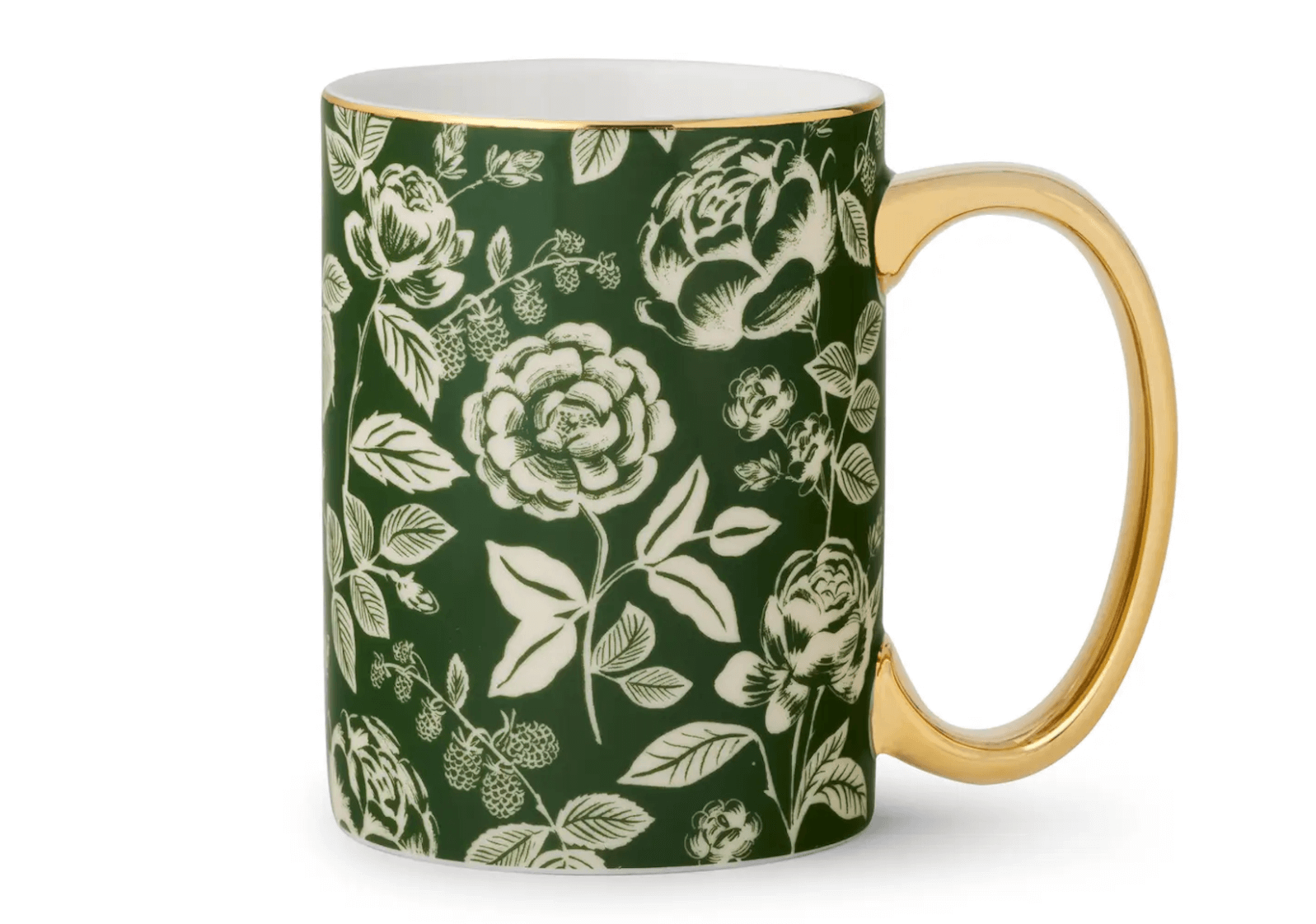 A green ceramic mug with a white floral pattern and a shiny gold handle, perfect for sipping your morning coffee as you explore the unique FINDS of Nashville.