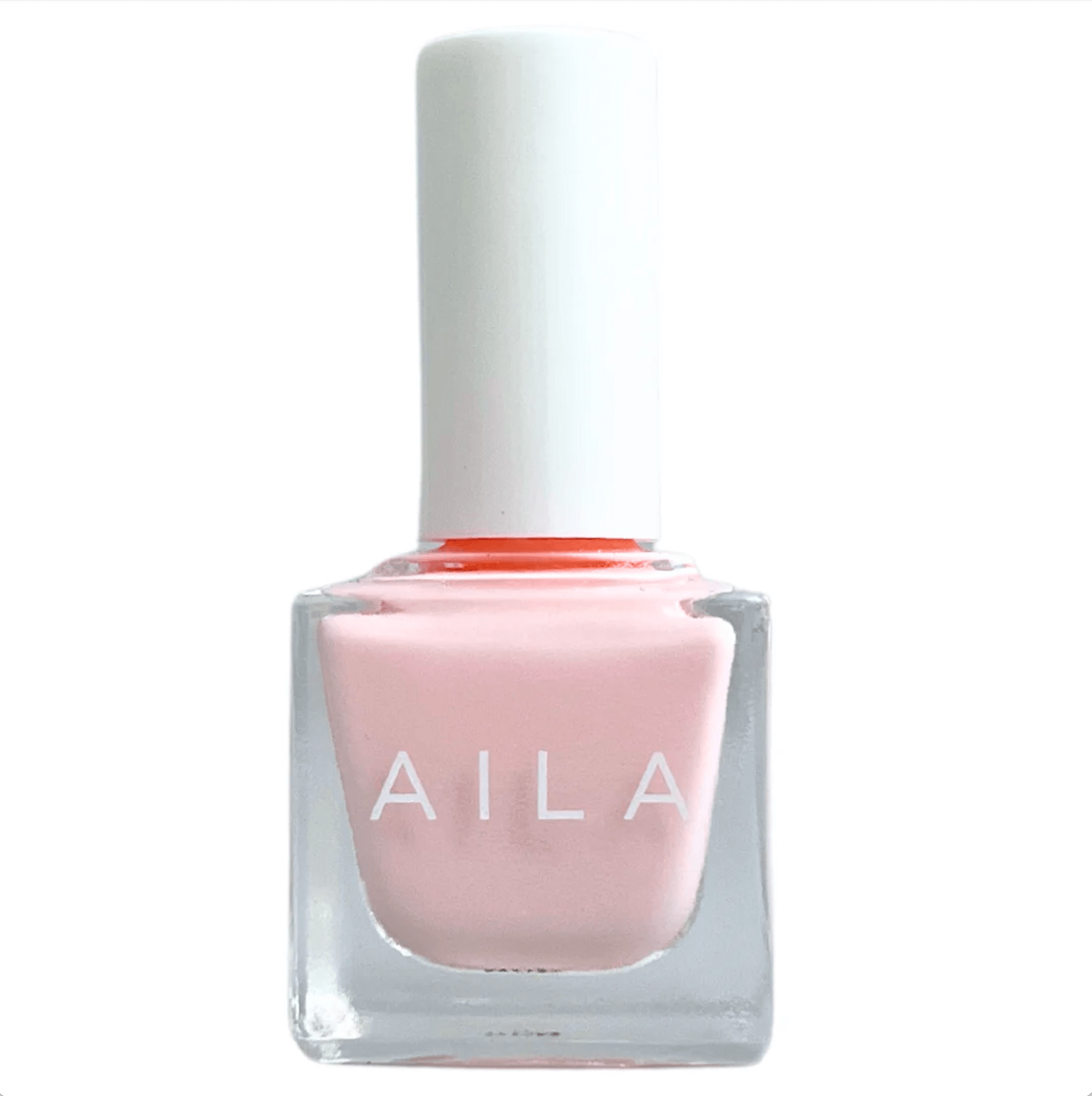 A clear glass bottle of light pink nail polish labeled "AILA" with a white cap.